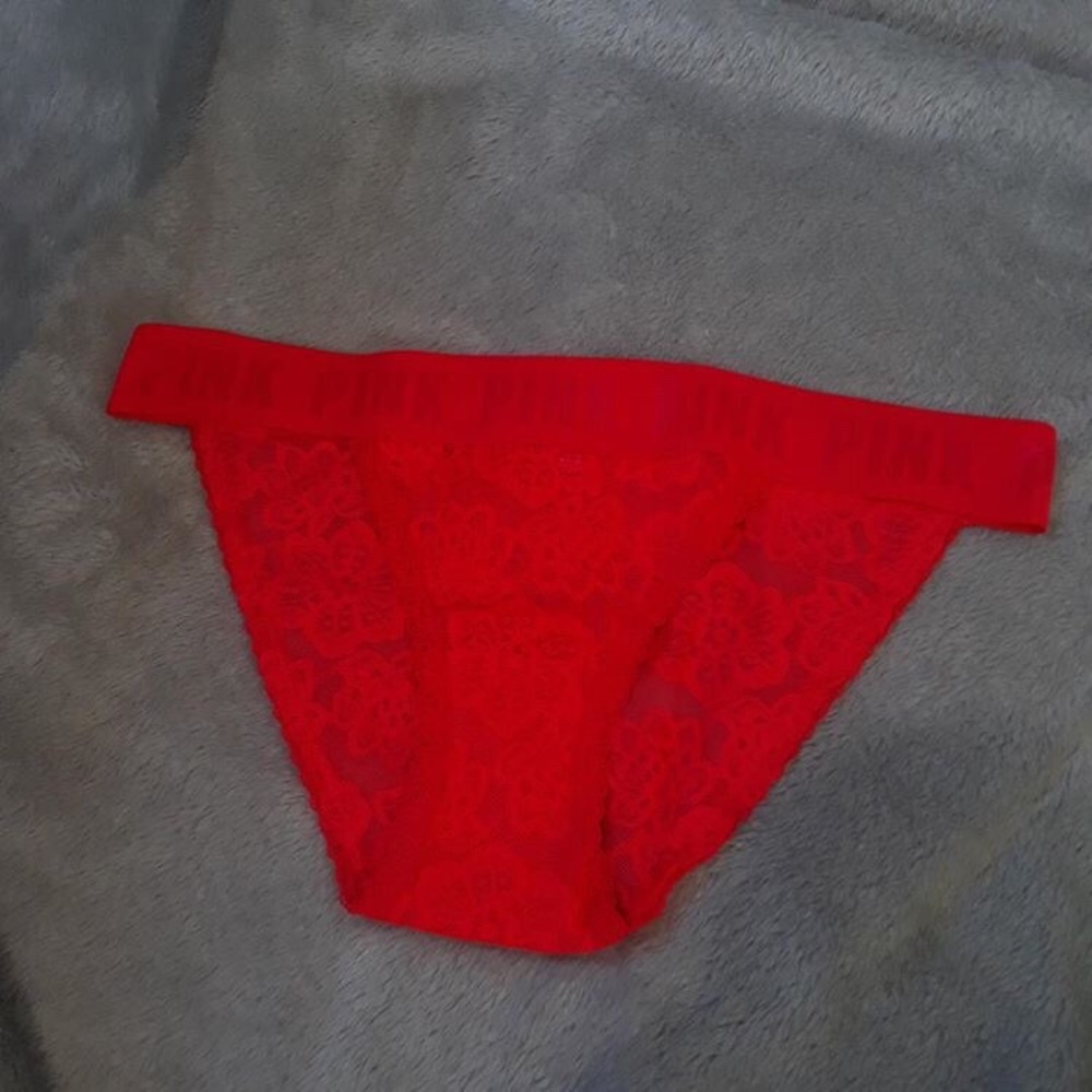 Pink Victoria Secret red lace logo bikini undie